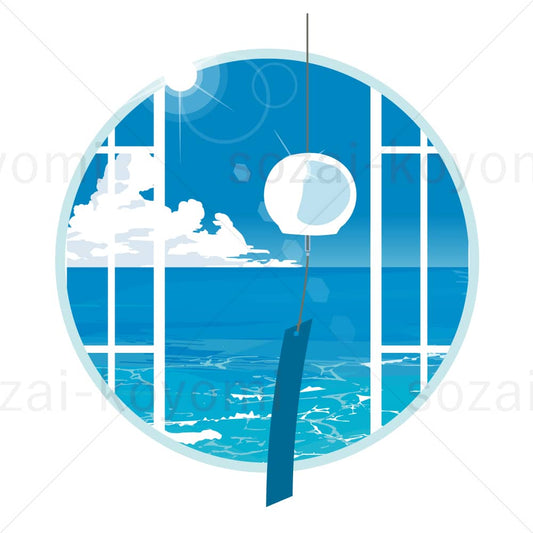 海が見える丸窓と風鈴のイラスト素材