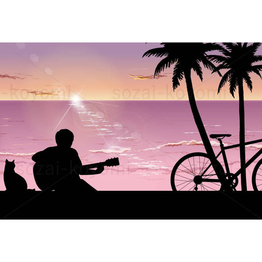 夕暮れの海でギターを弾く人のシルエットのイラスト素材