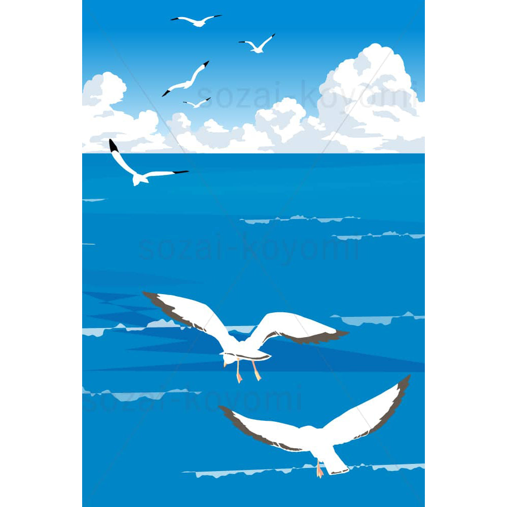 海原を飛ぶ海鳥の群れ（縦レイアウト）のイラスト素材
