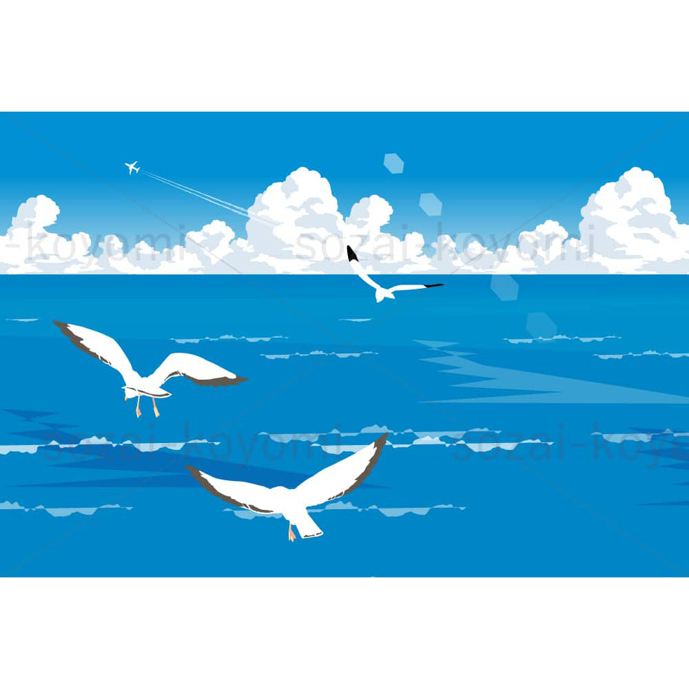 海原を飛ぶ海鳥の群れ（横レイアウト）のイラスト素材