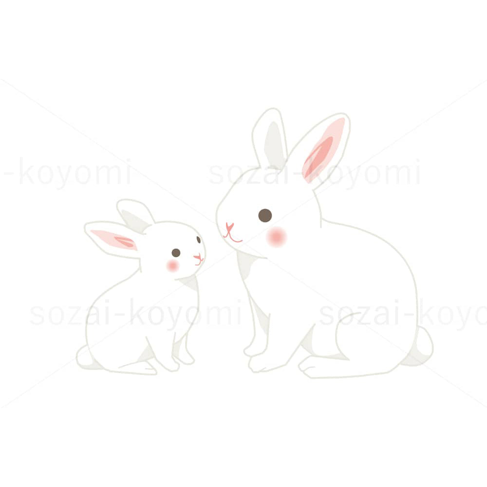 白ウサギの親子（シンプル・線、影あり）のイラスト素材